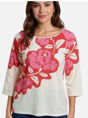 Talbots 3/4 Sleeve Tee White Red Pink Floral Boat Neck Pullover